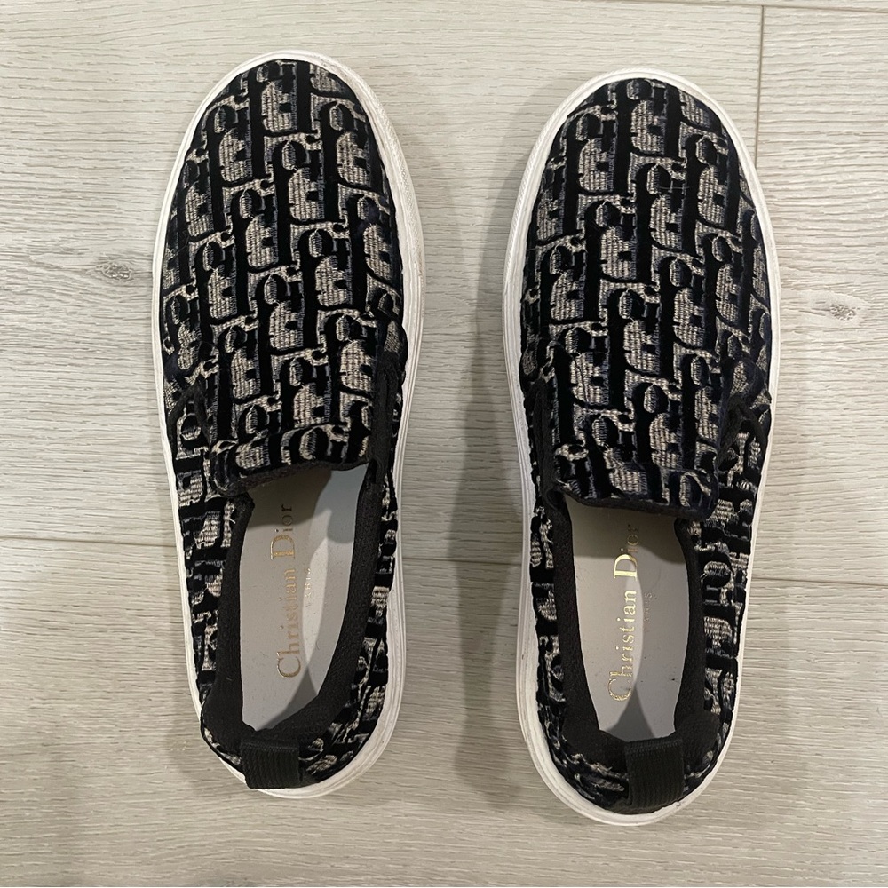 Dior Solar Blue Velvet Oblique Logo White Flat Skate Slip On Low Sneaker